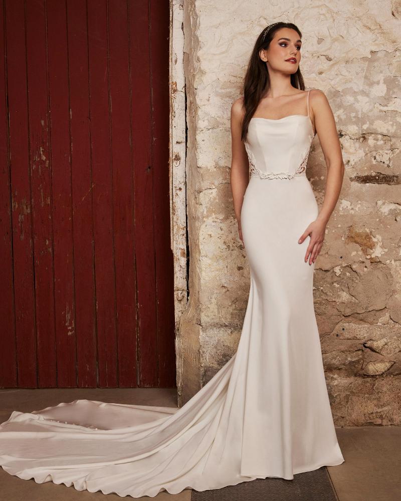Lp2242 simple minimalist wedding dress with sheath silhouette and spaghetti straps3